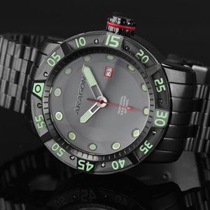 NEW! ARAGON Black Watch Automatic Mens Gauge 50mm Gray Dial Stainless Bracelet